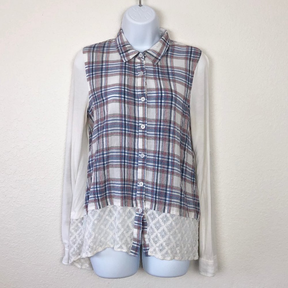 HEM & THREAD Blue Red White Plaid Lace Long Sleeve Top G19